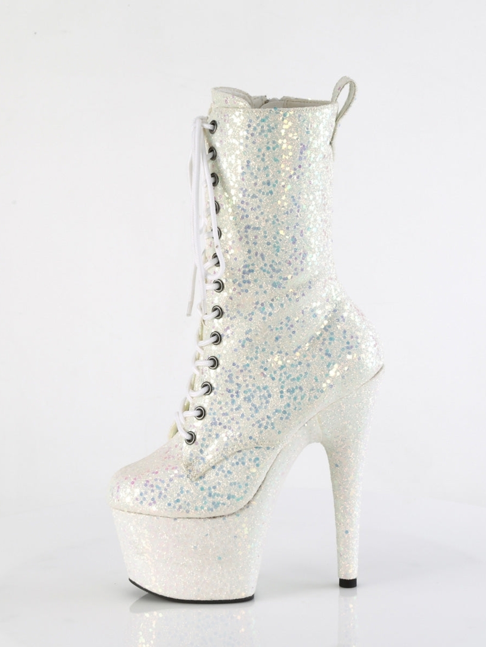 Pleaser White Iridescent Glitter Lace-Up Platform Boots Adore-1040-IG Boots